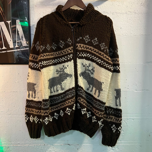 Vintage 1970's Heavy Knit Cotton Moose Intarsia Shawl Collar Zip Sweater - Size L/XL - Cream/Brown