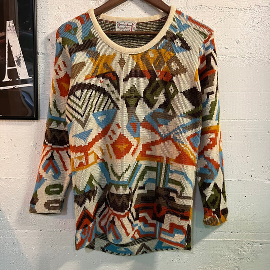 Vintage 1960's/70's Collectors Group By Pickwick Abstract Aztec Pattern Knit Thermal Sweater - Size S/M - Union Made In USA
