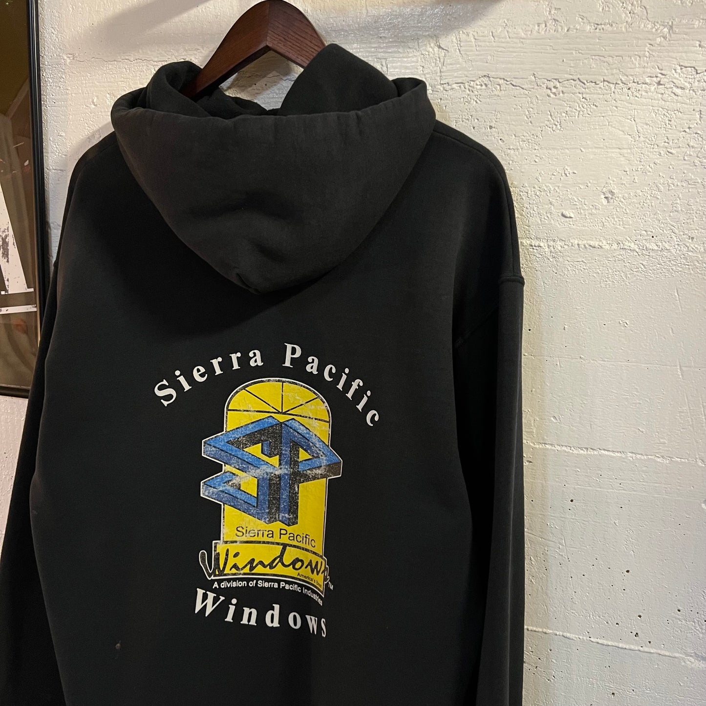 Vintage Distressed Sierra Pacific Windows Cropped Hoodie Sweatshirt - Size Large - Faded Black