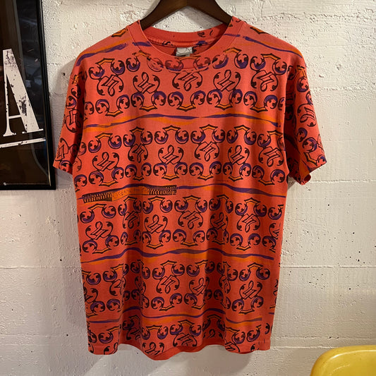 Vintage 1992 OP Ocean Pacific All Over Print Abstract Single Stitch Surf T-Shirt - Size Medium - Made In USA - Coral