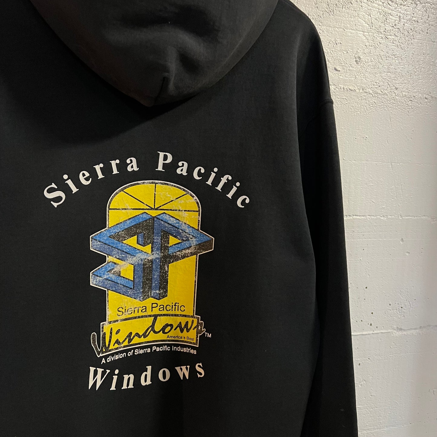 Vintage Distressed Sierra Pacific Windows Cropped Hoodie Sweatshirt - Size Large - Faded Black