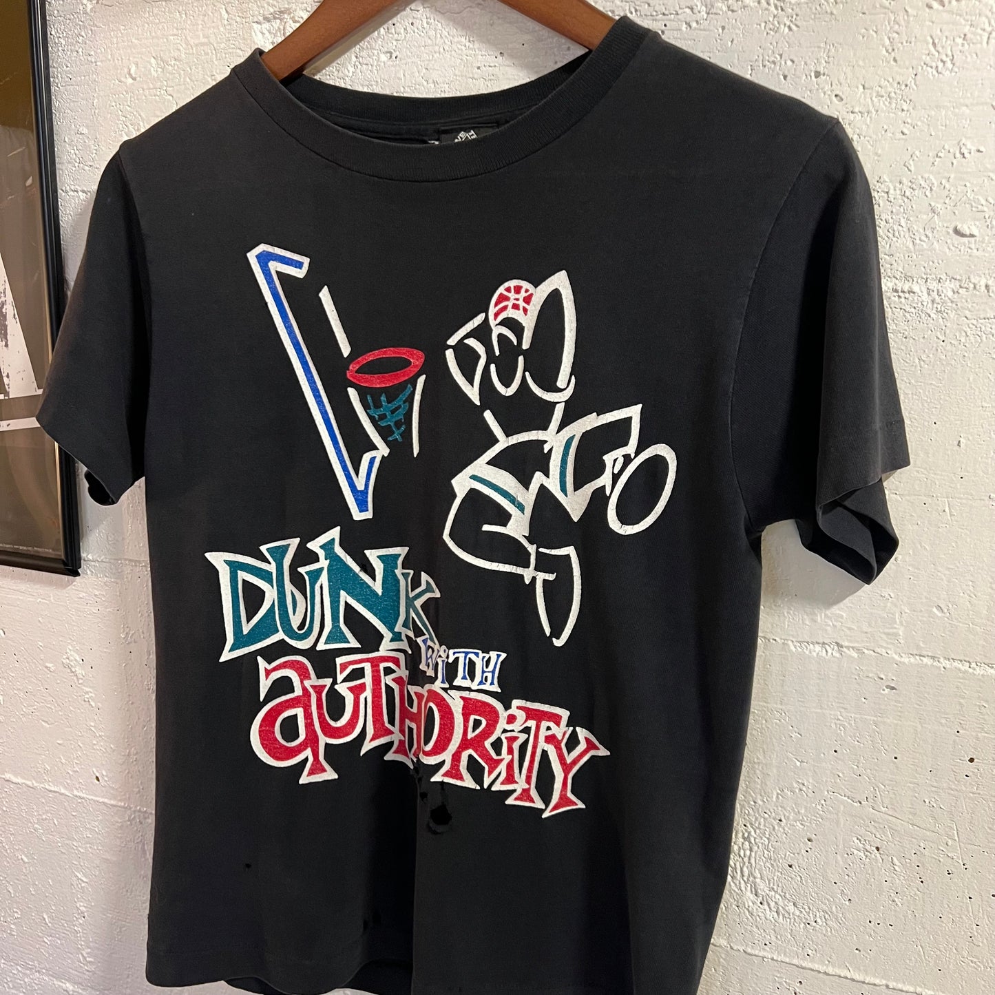 Vintage 90’s Distressed Above The Rim Hoop Wear Reebok Basketball Single Stitch Baby T-Shirt -Size Youth Medium - Made In USA - Black/Multi