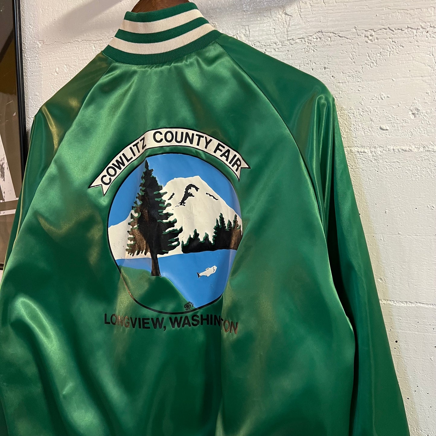 Vintage Westark Longview County Fair Satin Bomber Jacket - Size Large - Made In USA - Kelly Green/White