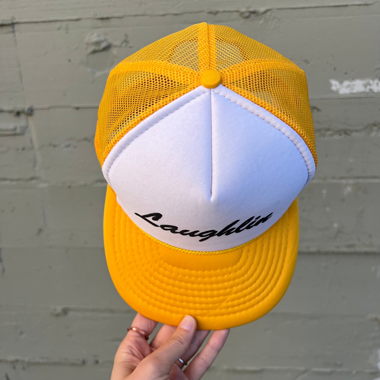 Vintage 1980's Laughlin Nevada Two Tone Mesh Back Trucker Hat - O/S - Yellow/White