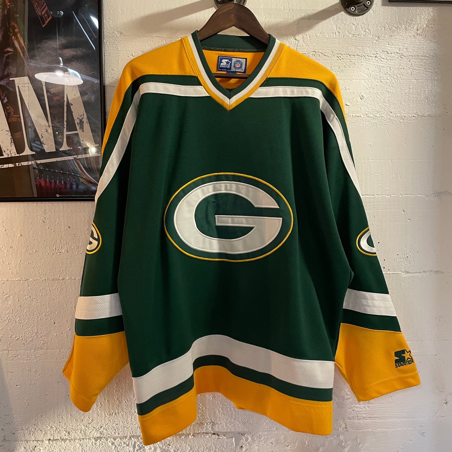 Vintage Embroidered Starter  Green Bay Packers Hockey Style Mesh Jersey - Size Large - Green/Yellow/White