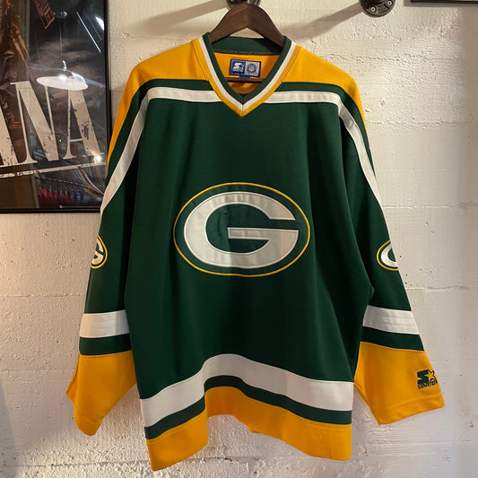 Vintage Embroidered Starter  Green Bay Packers Hockey Style Mesh Jersey - Size Large - Green/Yellow/White