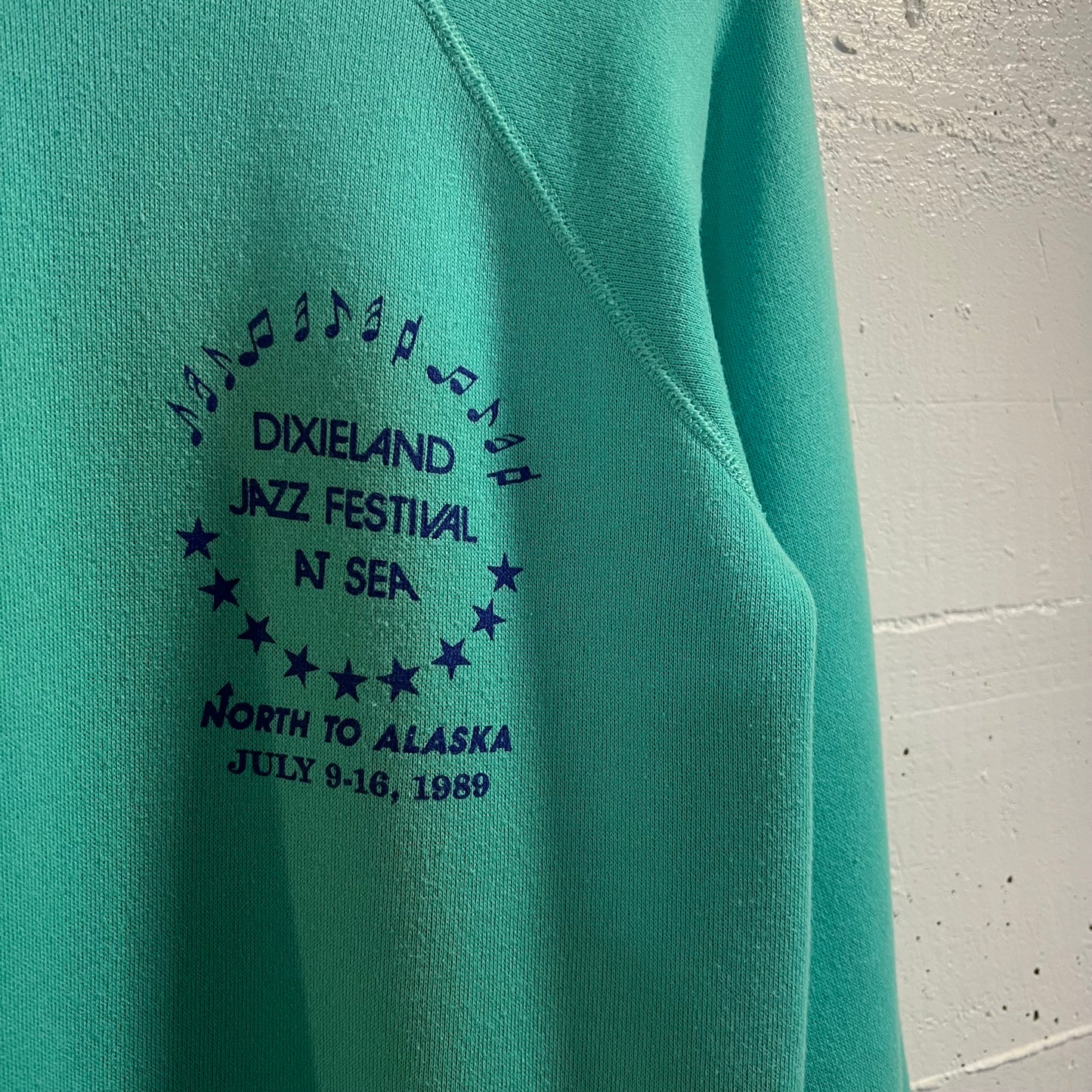 Vintage 1989 Dixieland Jazz Festival At Sea Raglan Crewneck Sweatshirt - Size Small - Made In USA - Mint Green/Indigo