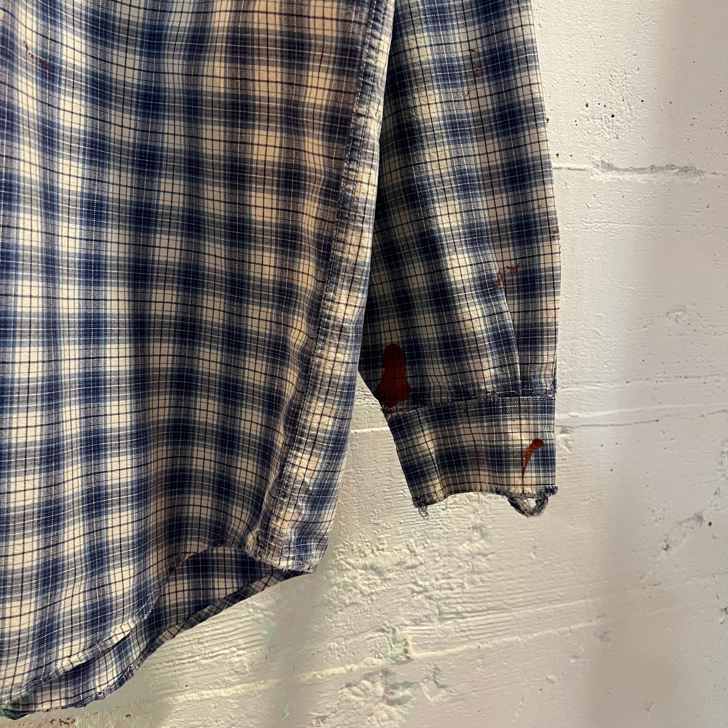 Vintage 90's Distressed Carhartt Painters Shadow Plaid Button Down Shirt - Size Medium - Union Made In USA - Blue/White