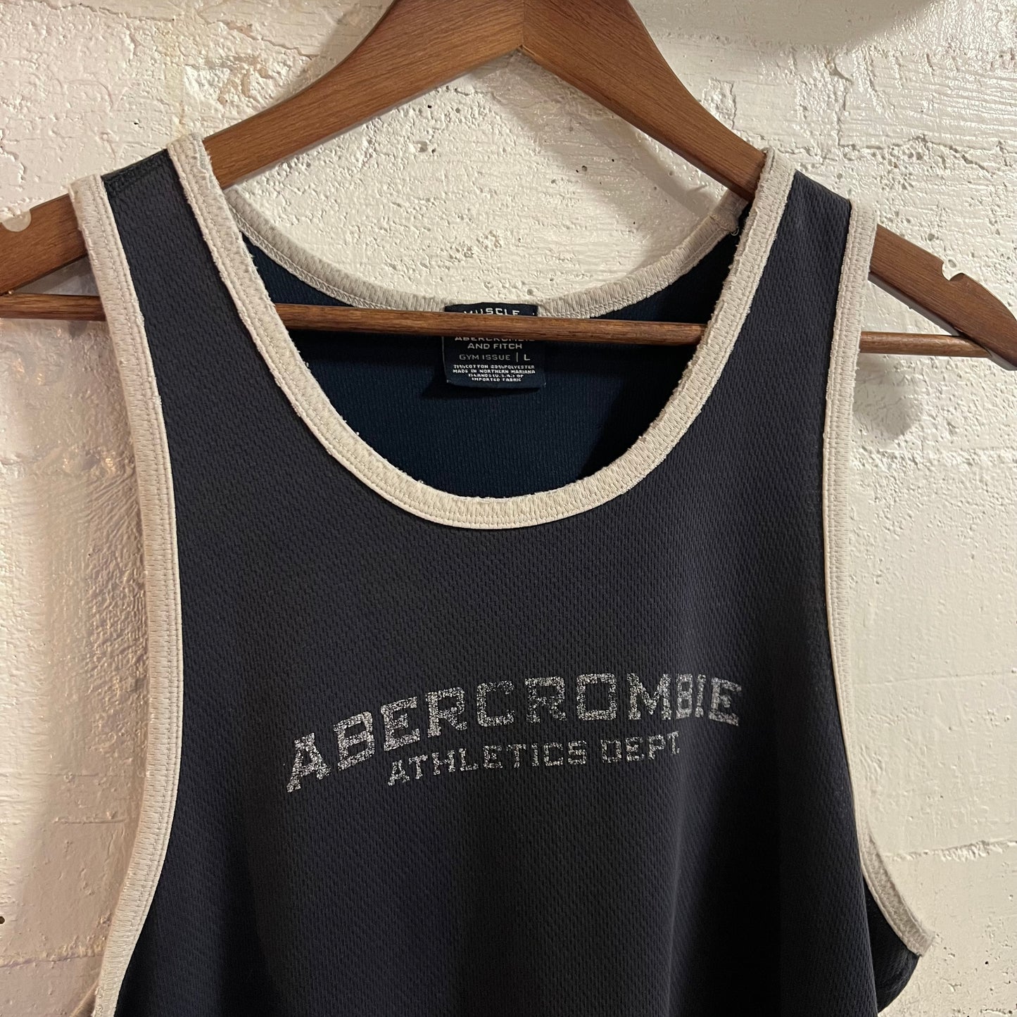 Vintage 90’s Abercrombie And Fitch Gym Issue Muscle Mesh Tank Top - Size Large - Made In USA - Navy/White