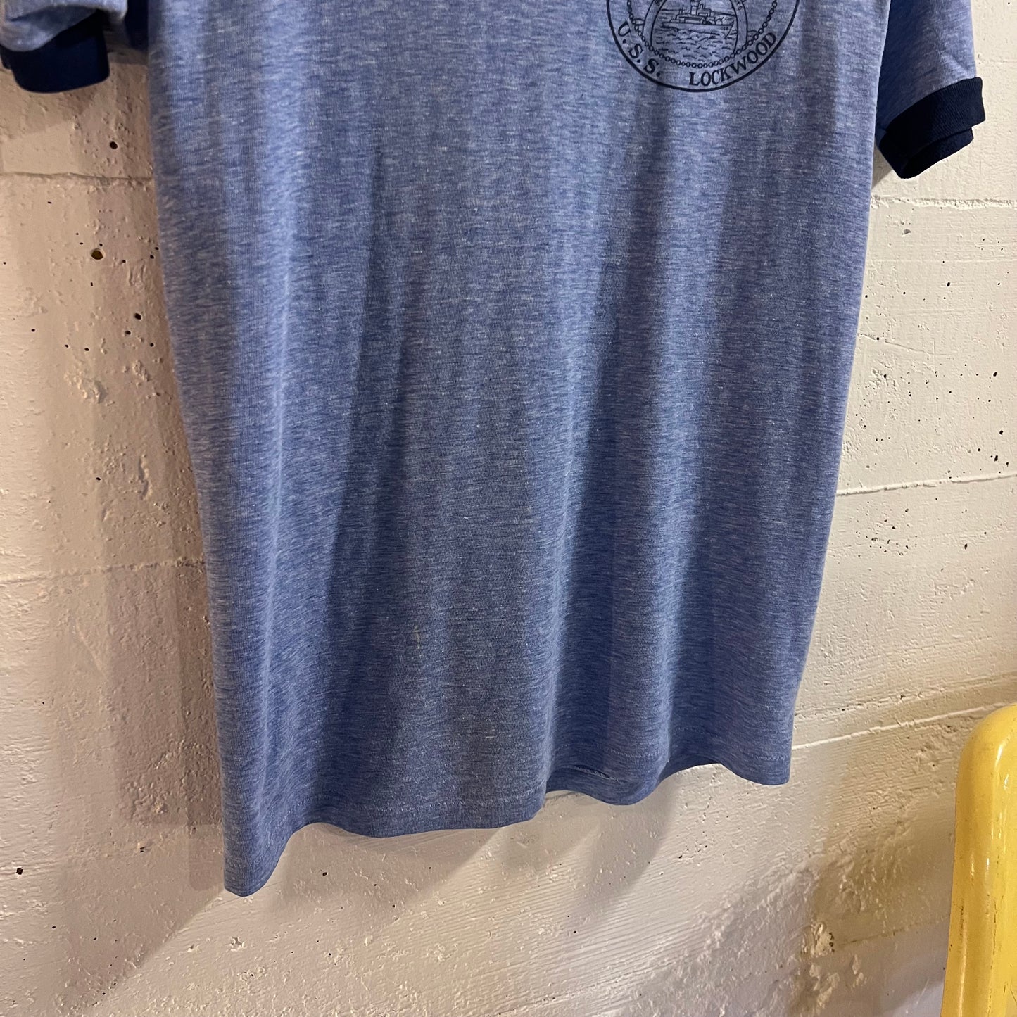 True Vintage 70's/80's U.S.S. Lockwood FF-1064 50/50 Blend Ringer T-Shirt - Size Medium - Made In USA - Heather Blue