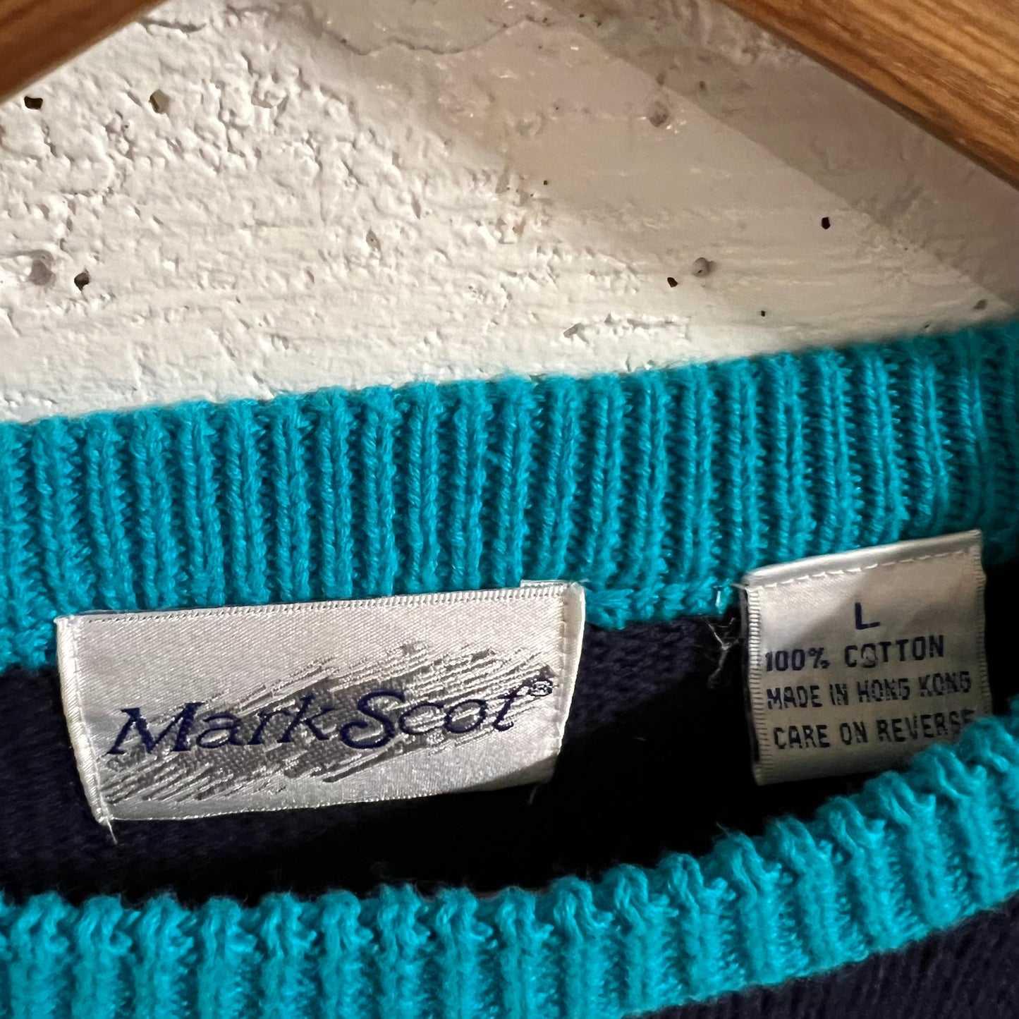 Vintage 80’s Mark Scot Geometric Plaid Pattern Knitted Sweater - Size Large - Navy/Turquoise/Pink/White