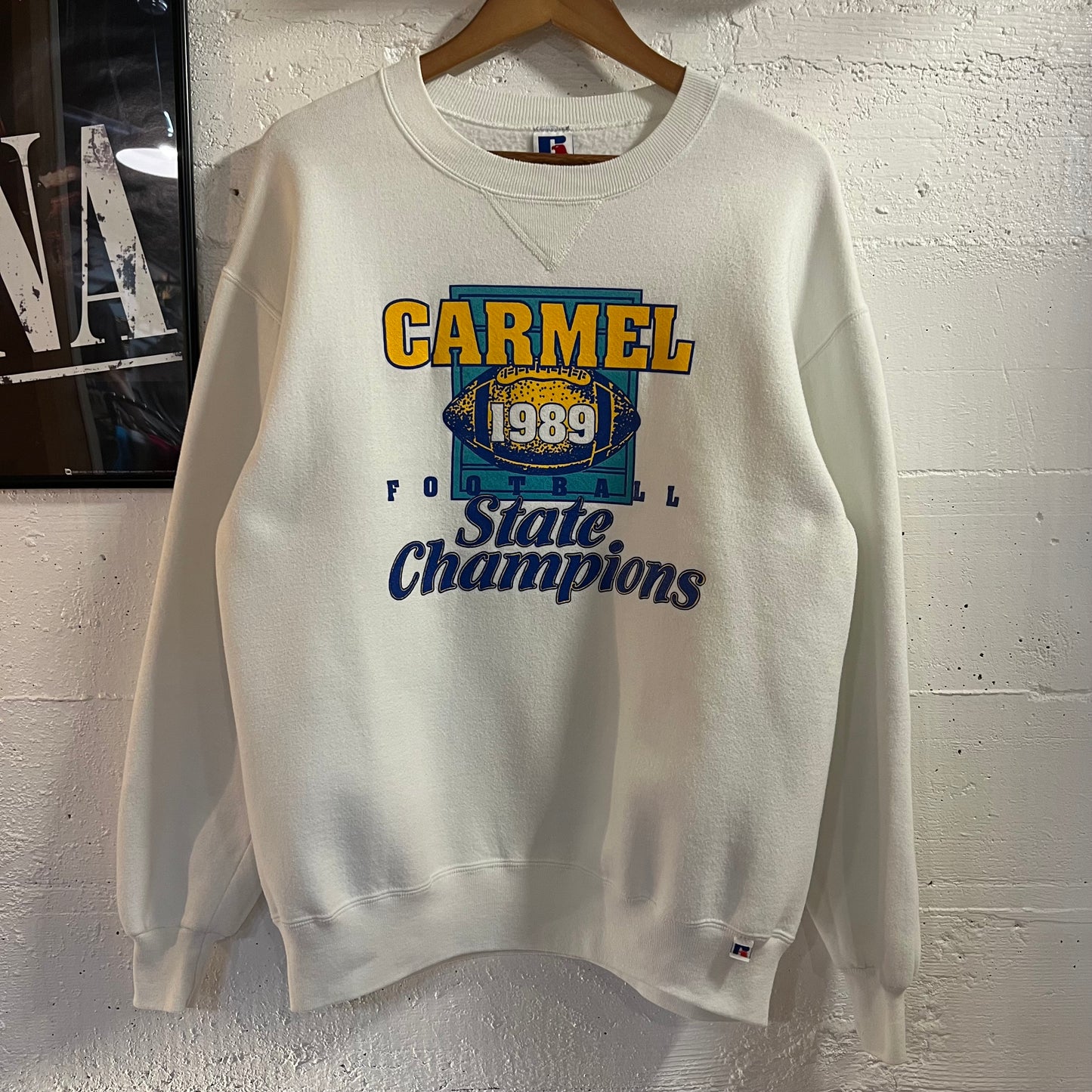 Vintage 1989 Russell Athletic Carmel Football State Champions Crewneck Sweatshirt - Size XL - Made In USA - White/Yellow/Blue