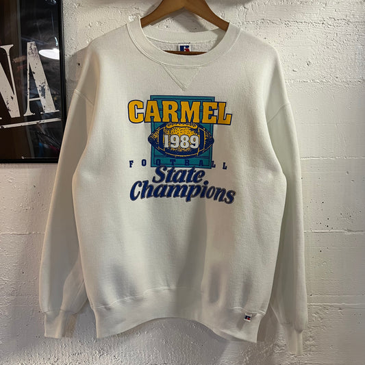Vintage 1989 Russell Athletic Carmel Football State Champions Crewneck Sweatshirt - Size XL - Made In USA - White/Yellow/Blue