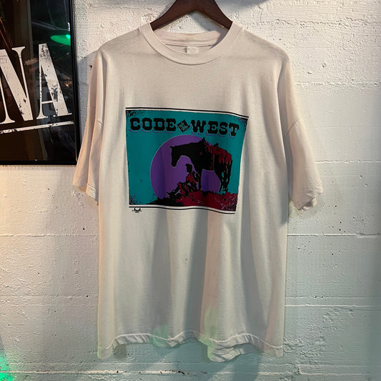 Vintage Distressed Code Of The West Cowboy Single Stitch T-Shirt - Size Large - Made In USA - White/Multi