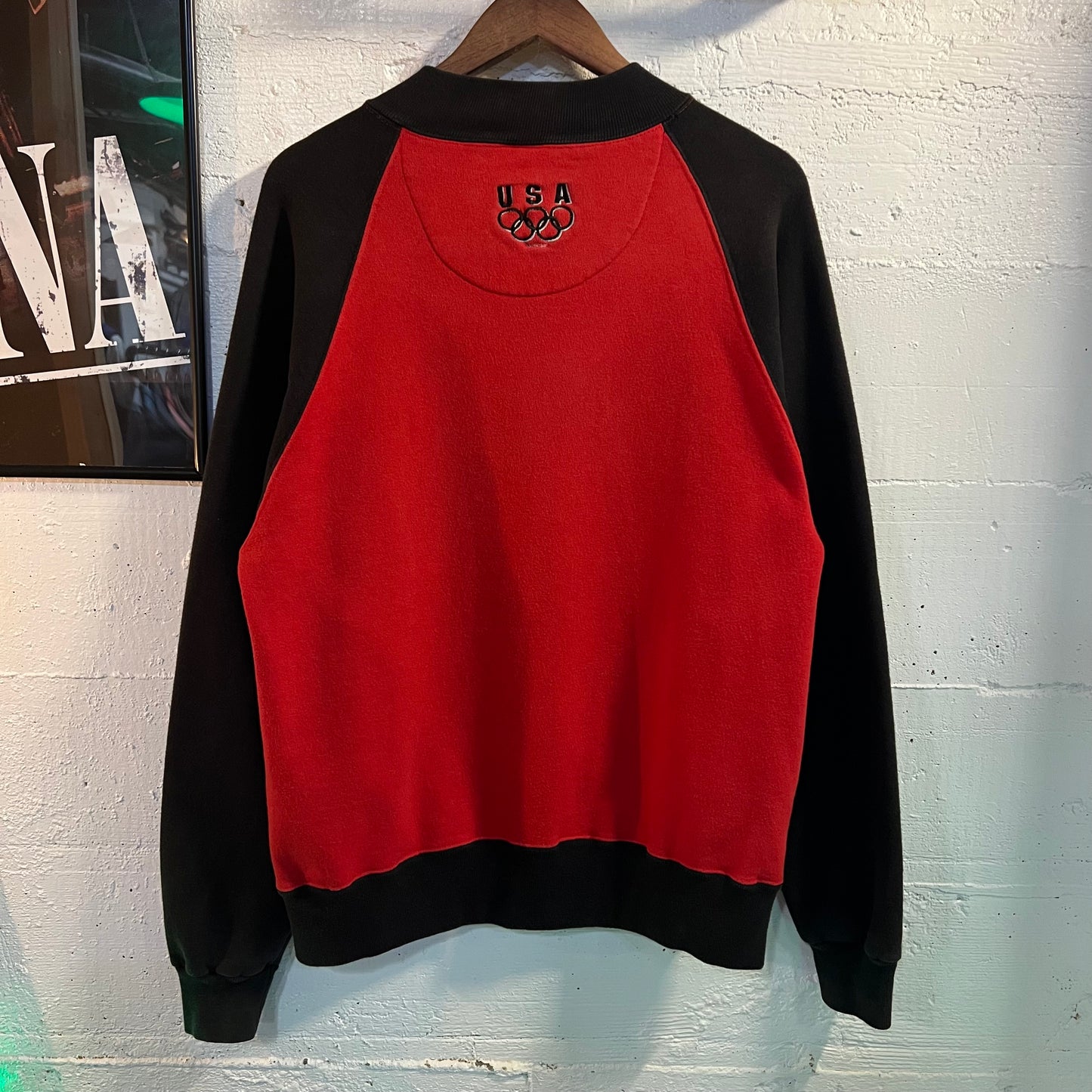 Vintage Embroidered Champion Olympic Zippered Crewneck Sweatshirt - Size Large - Made In USA - Black/Red