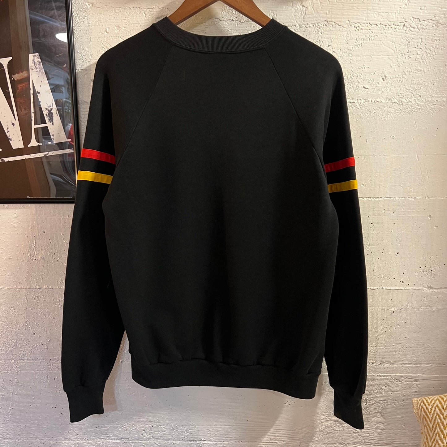 Vintage 80’s Distressed Disney Mickey Mouse Raglan Sleeve Crewneck Sweatshirt - Size Large - Made In USA - Black/Red/Yellow/White