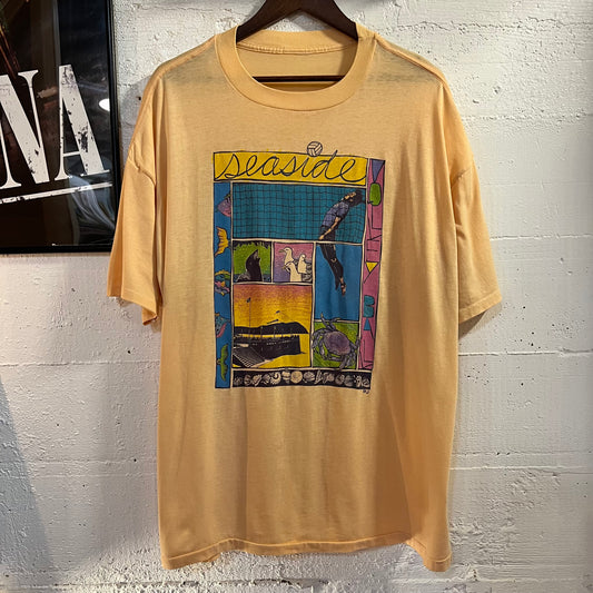 Vintage Seaside Volleyball Single Stitch Graphic T-Shirt - Size XL - Coral/Multicolor