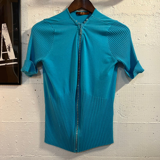 Belldini Bedazzled Zipper Short Sleeve Knitted Sweater - Size Large - Blue