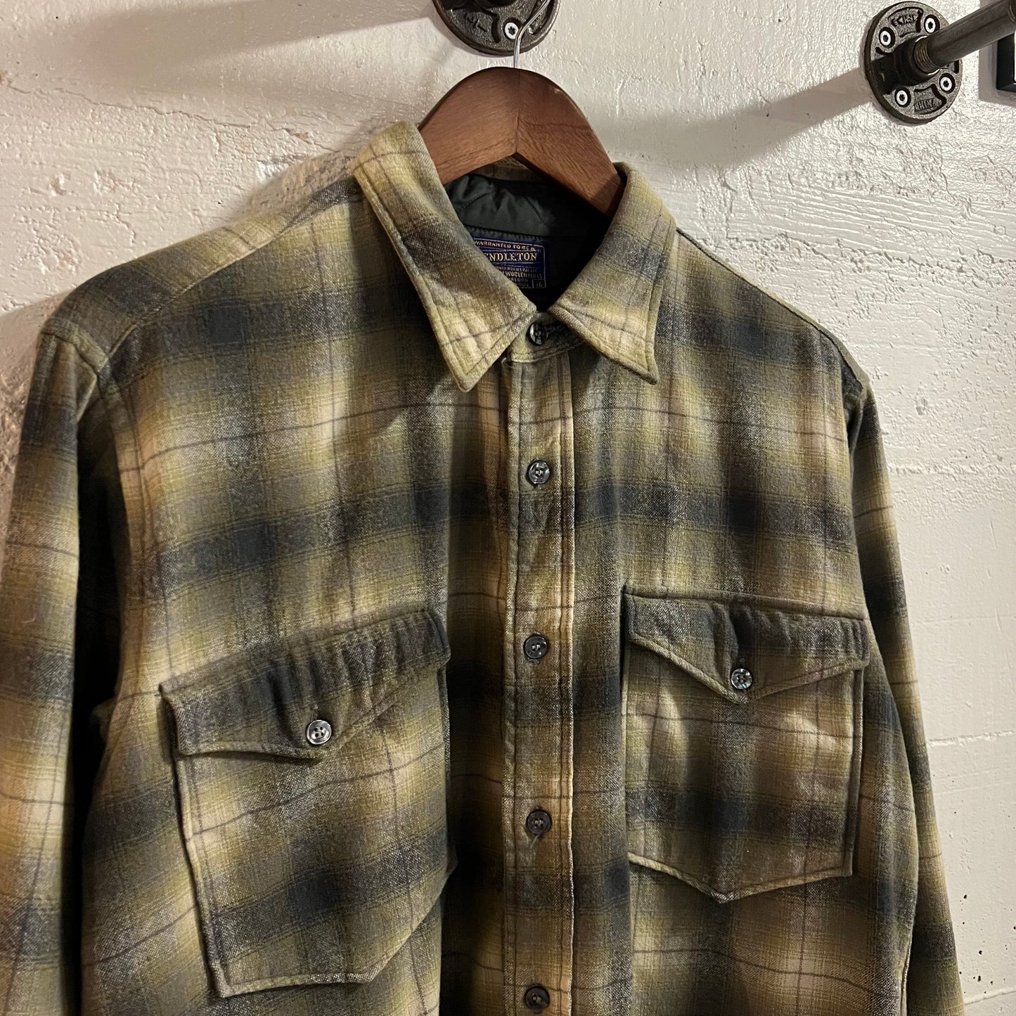 True Vintage 1950's Pendleton Wool Shadow Plaid Field Shirt - Size 16 (M/L) - Made In USA - Yellow/Gray - 100% Virgin Wool