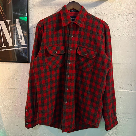 Vintage 80's Norwester Plaid Wool Flannel Shirt - Size Large - Red/Gray