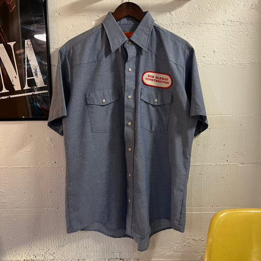 Vintage 70's/80's Red Kap Short Sleeve Chambray Western Yoke Pearl Snap Work Shirt - Size Large - Made In USA - Light Blue