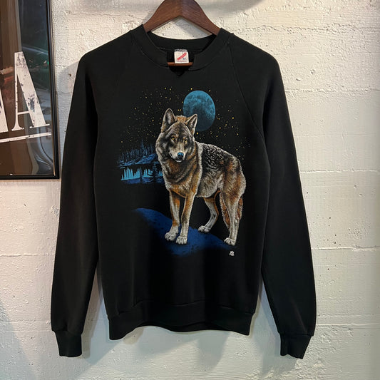 Vintage 1987 Jerzees LSJ Sportswear Wolf Crewneck Sweatshirt - Size Medium - Made In USA - Black/Multicolor