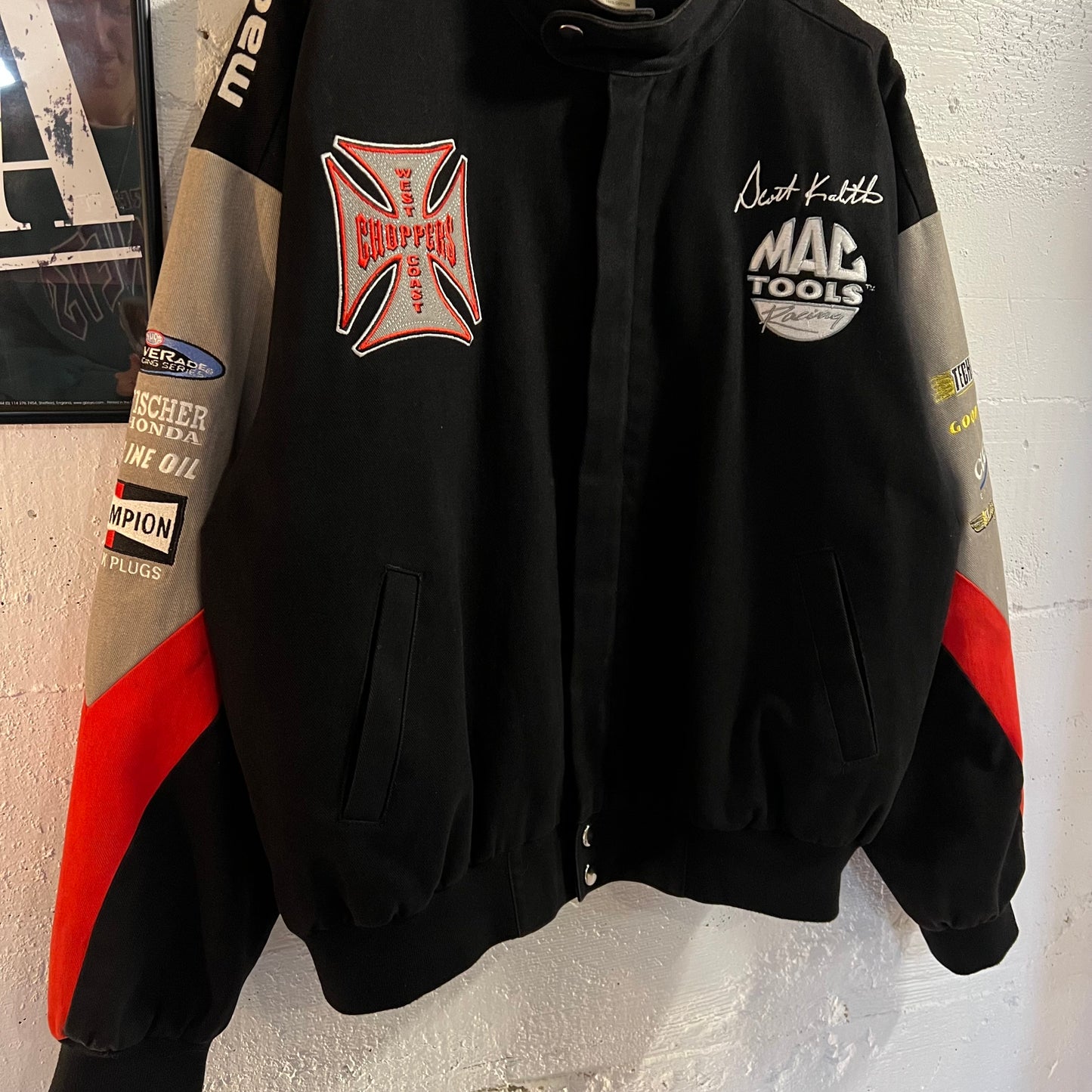 Vintage West Coast Choppers Mac Tools Embroidered Spider Web Racing Jacket - Size Medium - Black/Red/Gray