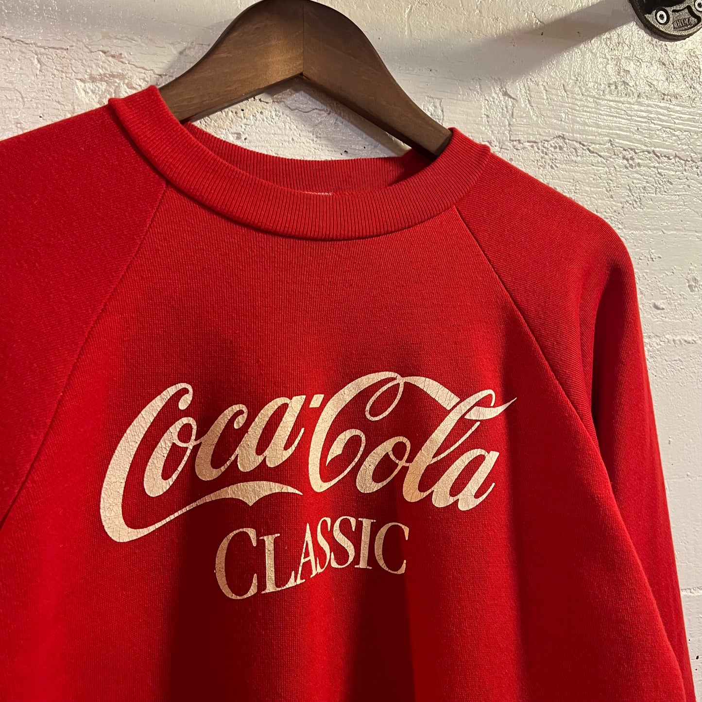 Vintage 80’s Coca-Cola Classic Raglan Crewneck Sweatshirt - Size Large - Made In USA - Red/White