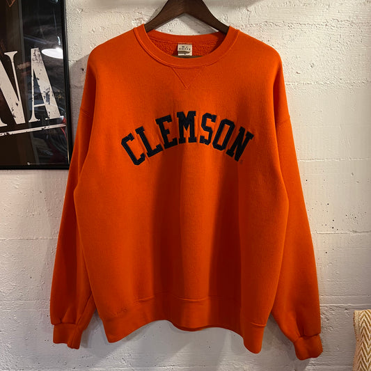 Vintage 90's Clemson Tigers Tackle Twill Spell Out Single 'V' Crewneck Sweatshirt - Size XL - Orange/Navy - 50/50 Cotton/Poly Blend