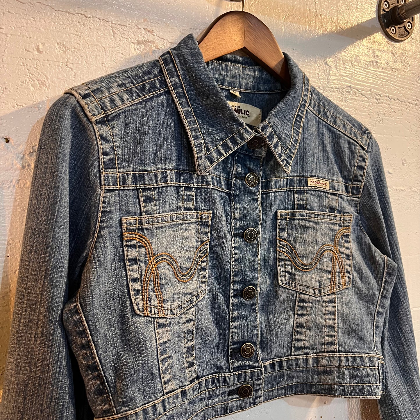 Vintage Hydraulic Button-Up Cropped Jean Jacket - Size Medium - Denim/Orange