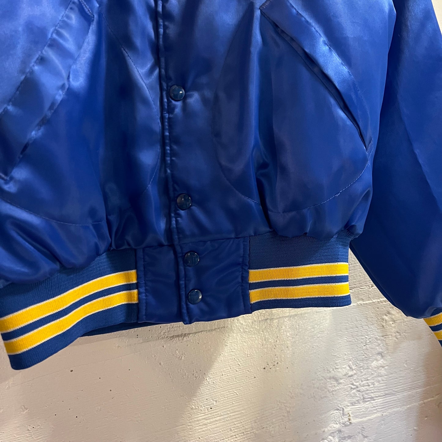Vintage 1980's USS Alabama SSBN-731 Pla-Jac By Dunbrooke Satin Bomber Jacket - Size 40 (M) - Made In USA - Blue/Yellow