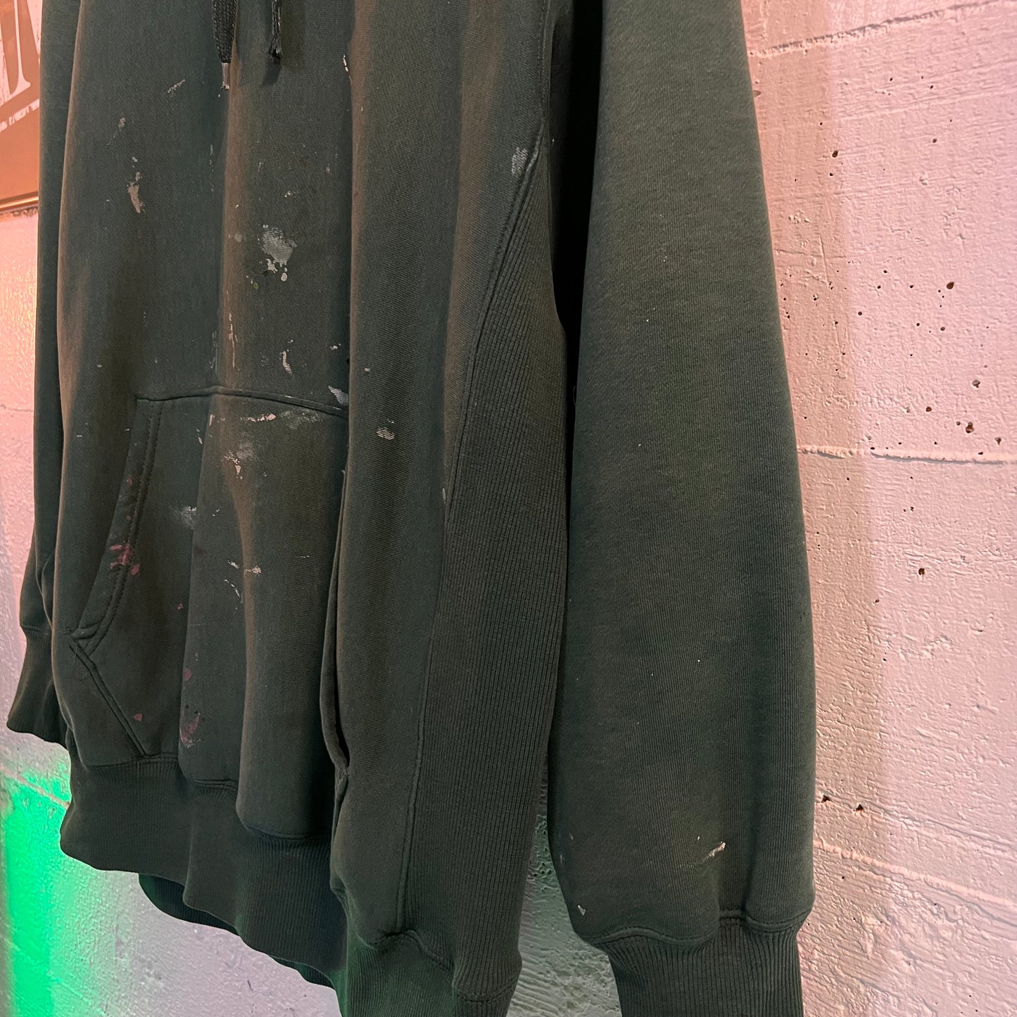 Y2K Distressed Heavyweight Paint Splatter Hooded Sweatshirt - Size XL - Forest Green