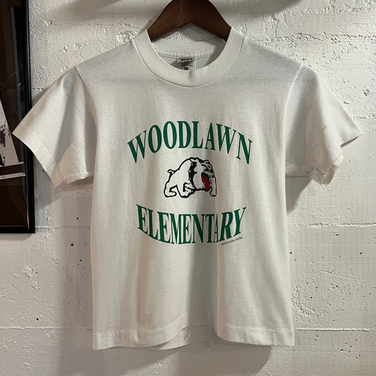Vintage 90’s Woodlawn Elementary Single Stitch Baby T-Shirt - Size Youth Medium - Made In USA - White/Green/Black