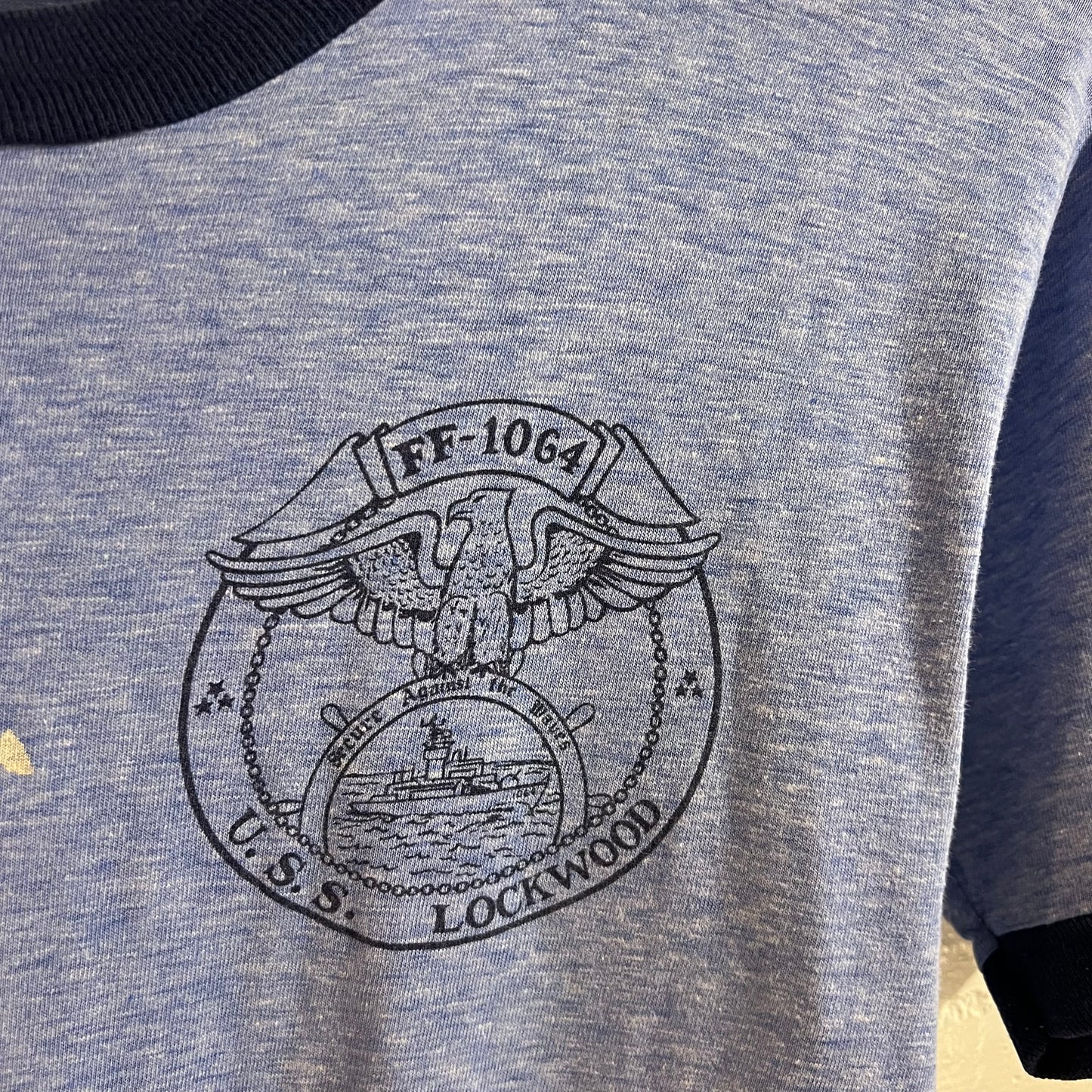 True Vintage 70's/80's U.S.S. Lockwood FF-1064 50/50 Blend Ringer T-Shirt - Size Medium - Made In USA - Heather Blue