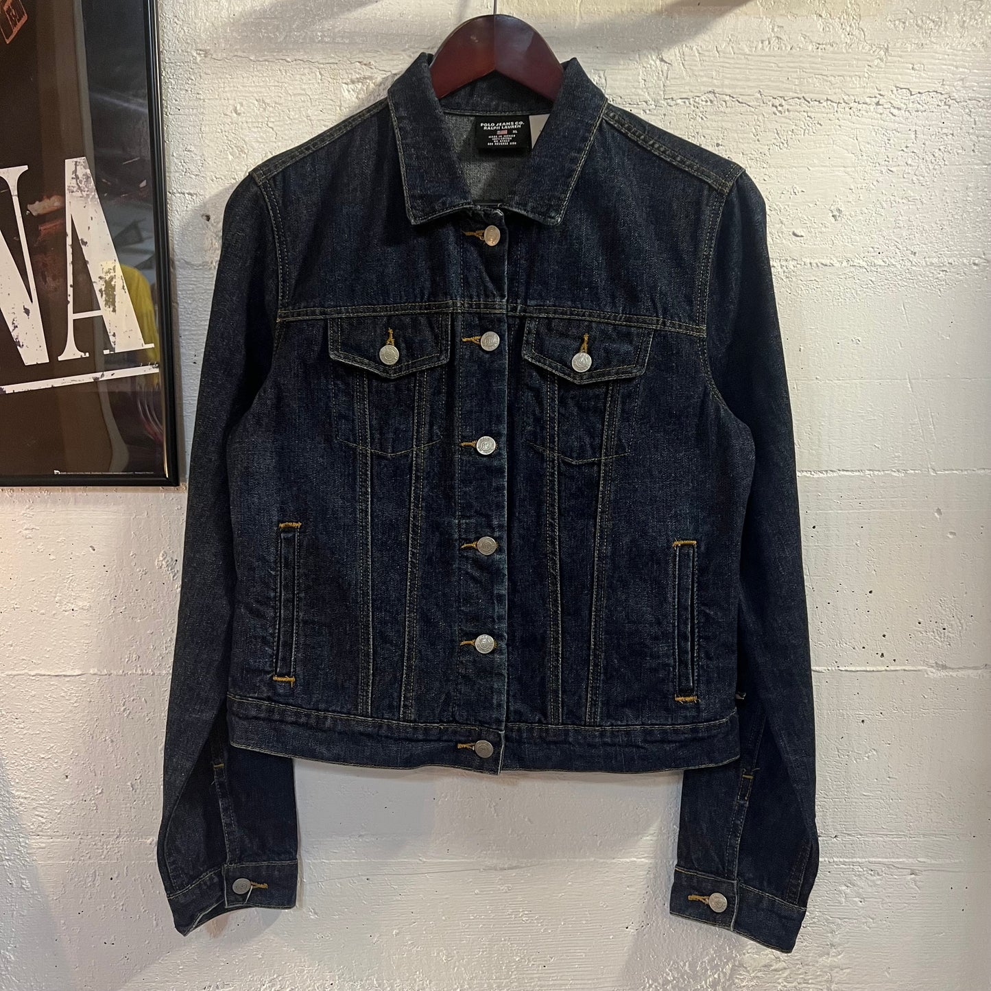 Vintage Polo Jeans Co. Ralph Lauren Rhinestone Flag Denim Trucker Jacket - Size XL - Raw Dark Indigo