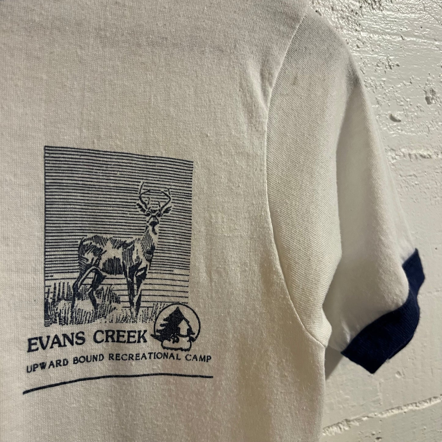 Vintage 80’s Evan’s Creek Camp Single Stitch Ringer Baby T-Shirt - Size Small - Made In USA - White/Navy