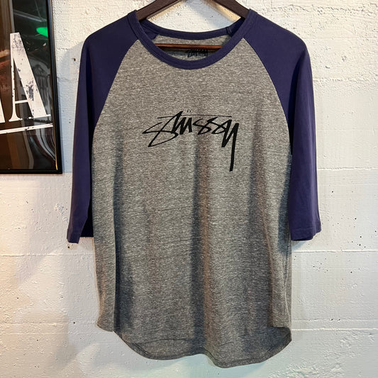 Stüssy Raglan 3/4 Sleeve Spell-out Baseball Tee - Size Large - Gray/Navy