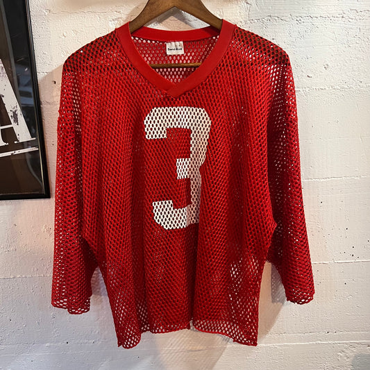 Vintage 70’s/80’s Medalists Sand•Knit Full Mesh ‘#3’ Football Jersey - Size Medium - Made In USA -  Red/White