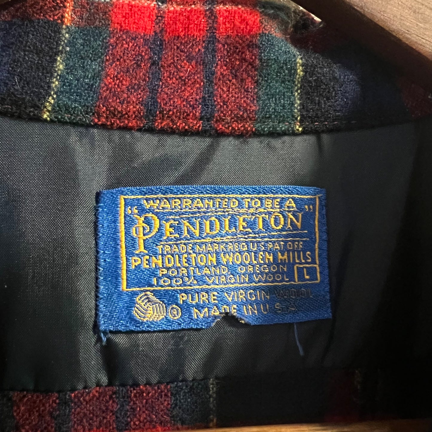 Vintage 60's/70's Pendleton Plaid Virgin Wool Board Shirt W/ Loop Collar - Size Large - Made In USA - Red/Green/Blue/Yellow