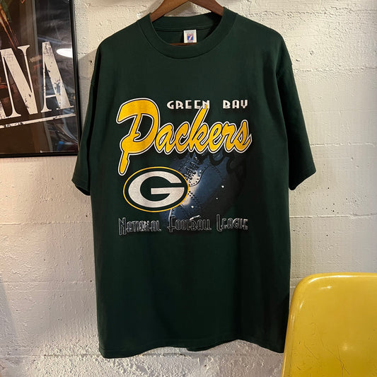 Vintage 90's Green Bay Packers NFL Big Graphic Logo 7 T-Shirt - Size XL - Green/Yellow