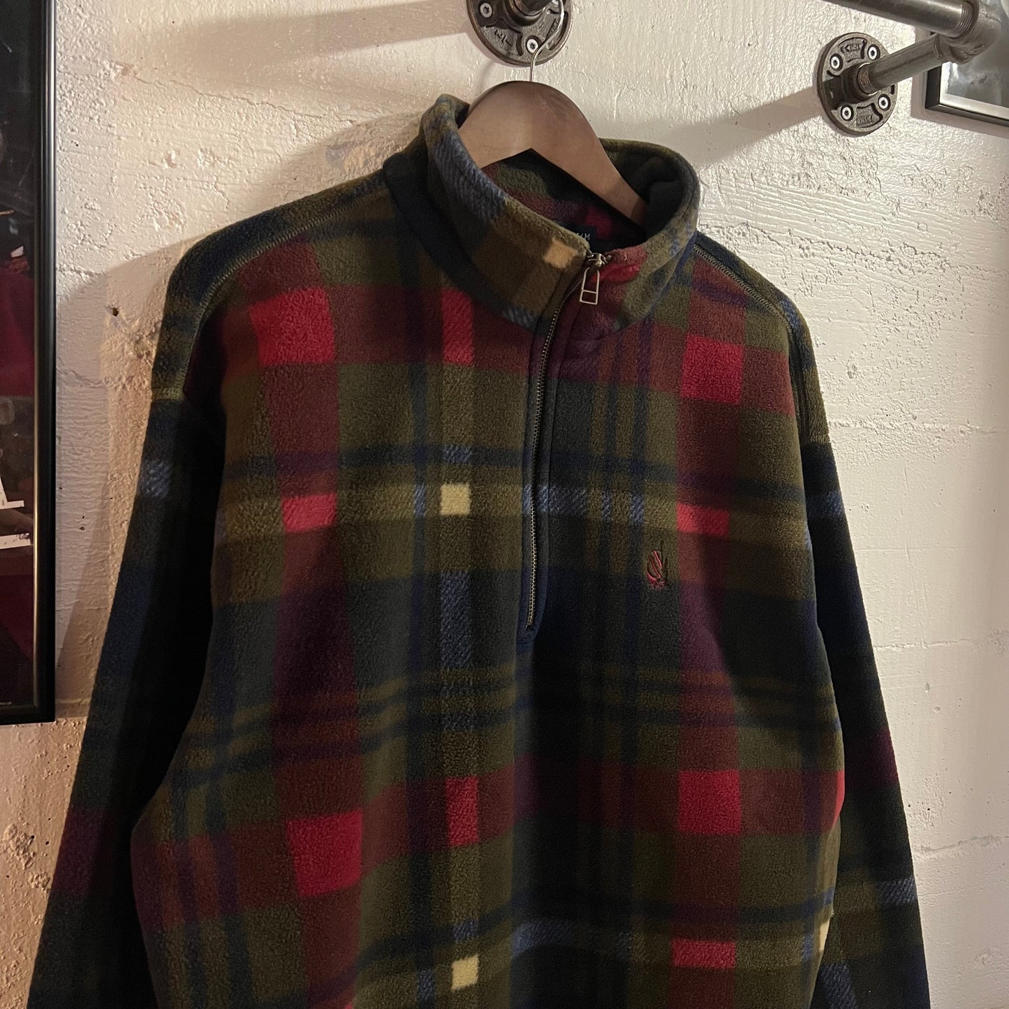 Vintage 90’s Nautica Quarter Zip Plaid Pullover Fleece Jacket - Size Medium - Made In USA - Red/Navy/Olive Green/White