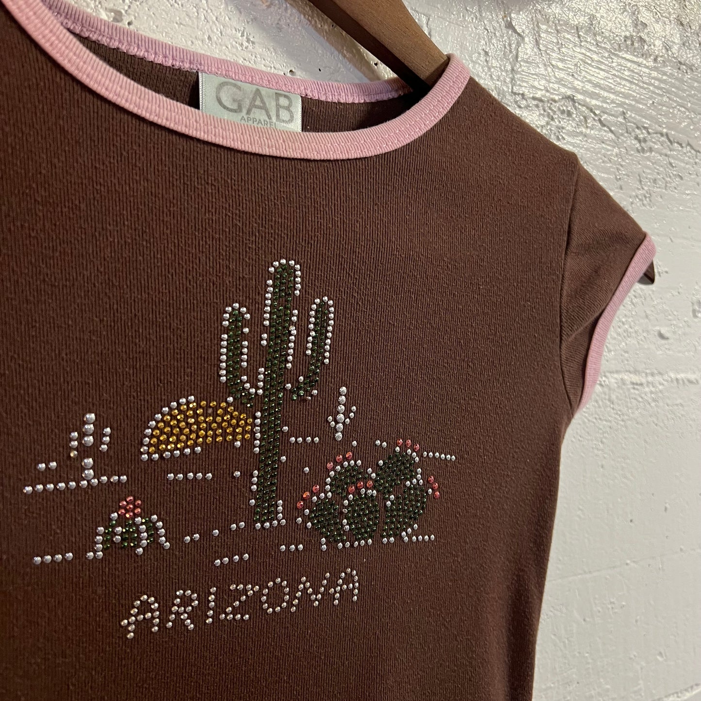 Vintage 2000's Arizona Studded Baby Tee - Size XS - Made In USA - Brown/Pink