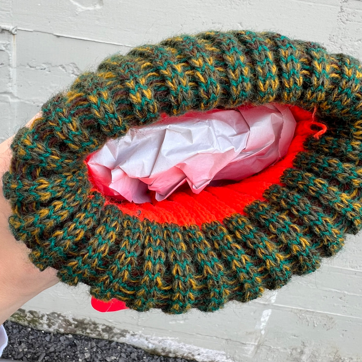 True Vintage Deadstock 1970's Marled Yarn Knit Reversible Stocking Cap Beanie - O/S - Forest Green/ Blaze Orange