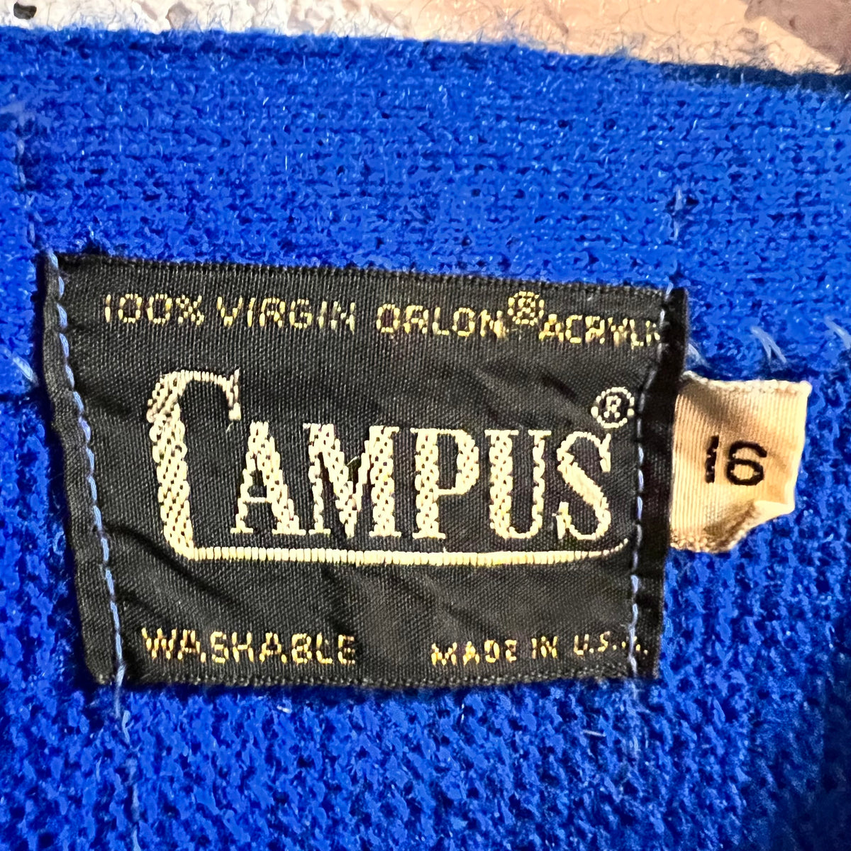 Vintage 60’s Campus Vertical Striped Knitted Cardigan Sweater - Size Youth XL (16) - Made In USA - Royal Blue/Multi