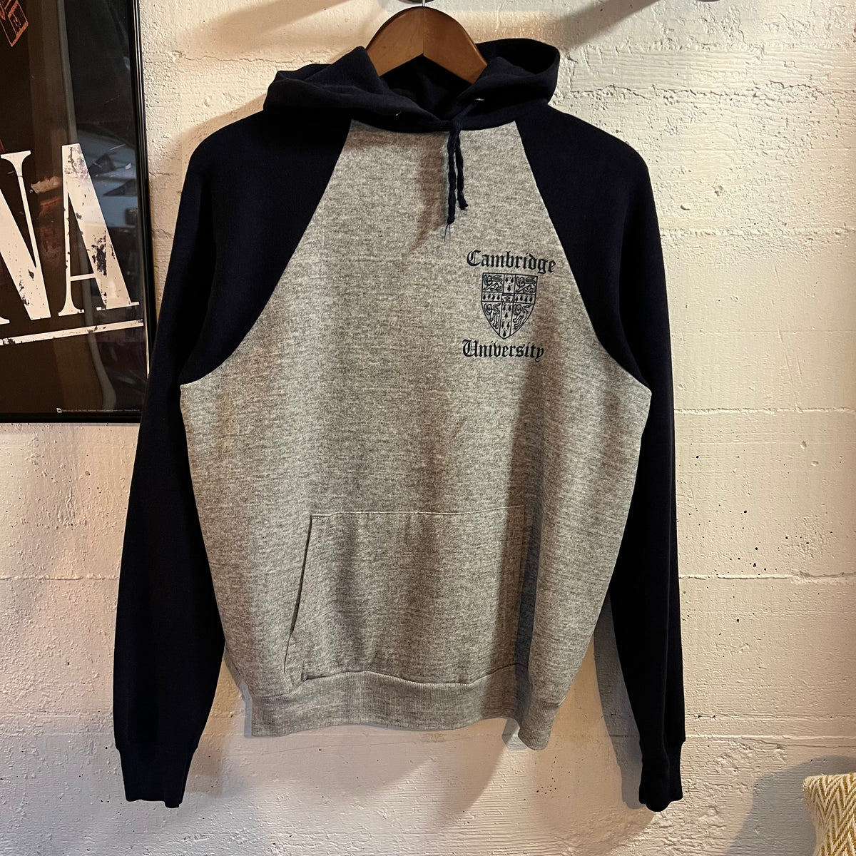 Vintage Cambridge University Raglan Sleeve Hoodie Sweatshirt - Size Small - Heather Grey/Navy