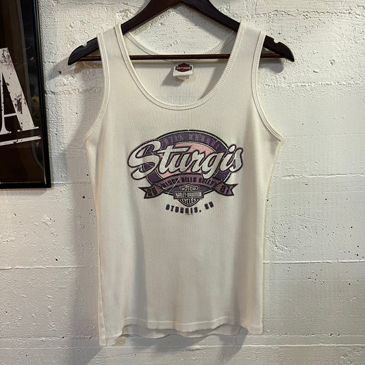 Vintage Y2K Harley Davidson 'Sturgis' Glitter Print Ribbed Tank Top - Size XL - Made In USA - White/Purple