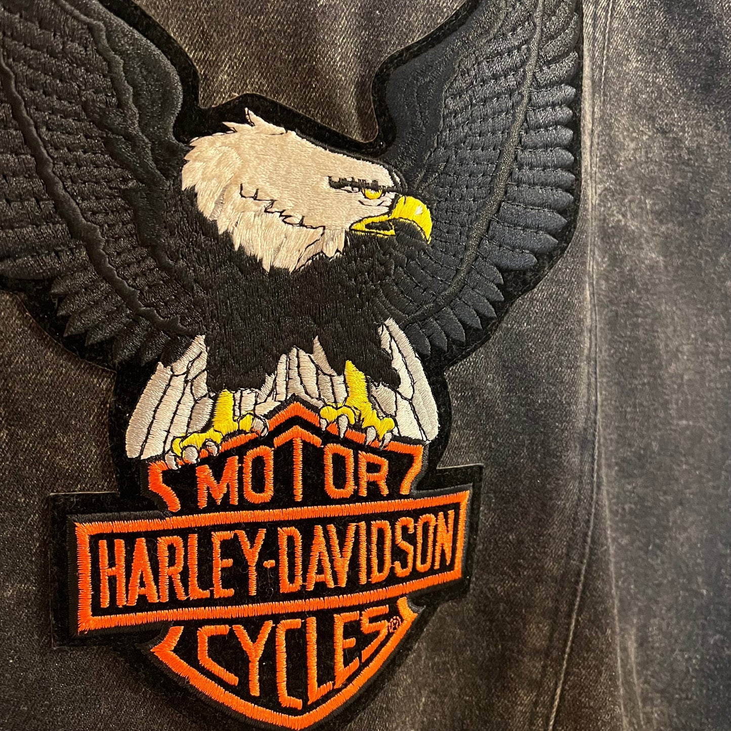 Vintage Harley Davidson Black Denim & Leather Eagle Patch Vest - Size L/XL - Black