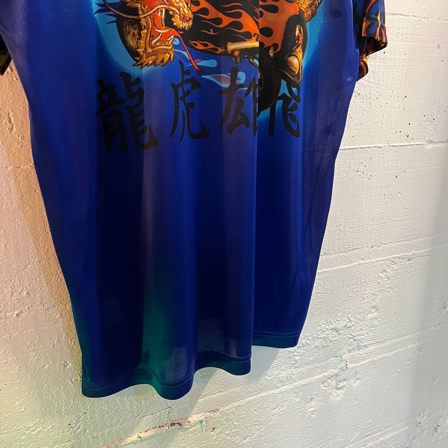 Vintage Y2K Fine Sheer Mesh Dragon Kanji Hot Rod T-Shirt - Size Large - Blue/Multi