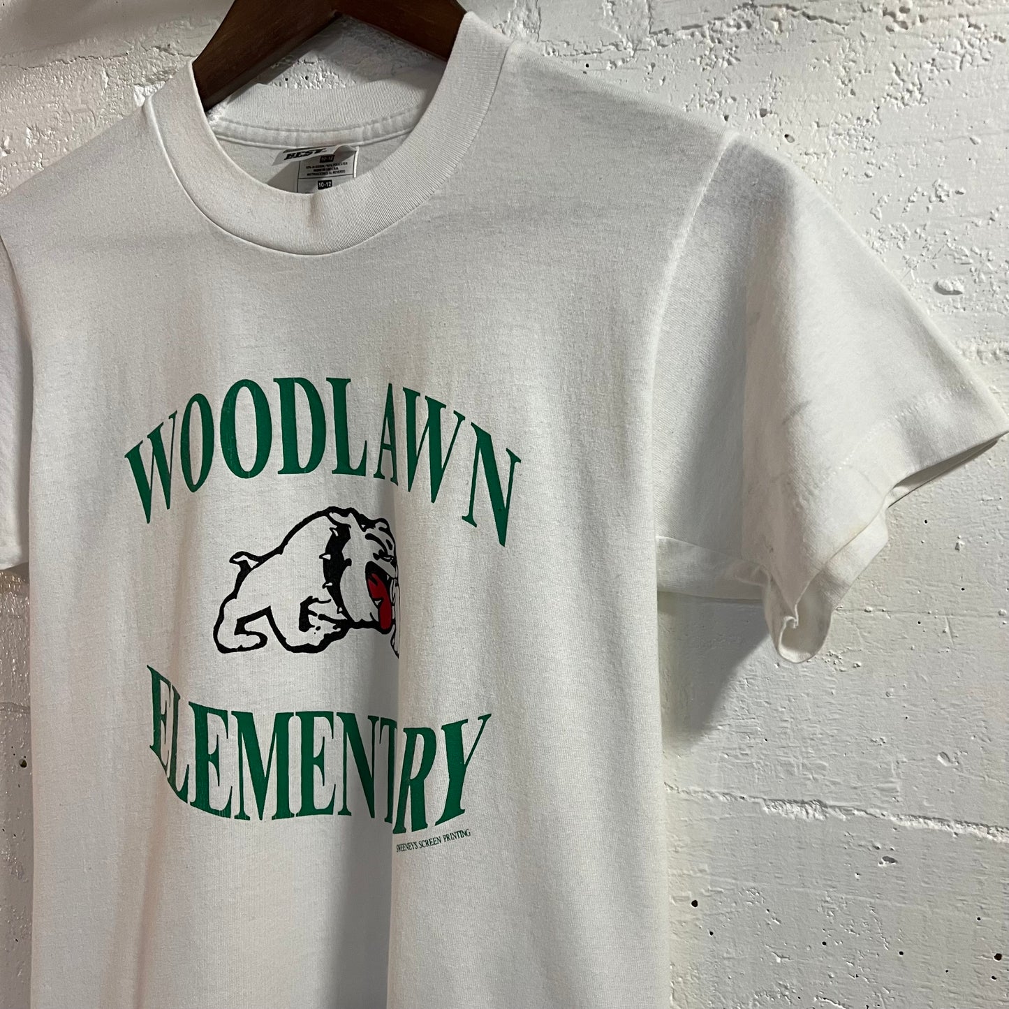 Vintage 90’s Woodlawn Elementary Single Stitch Baby T-Shirt - Size Youth Medium - Made In USA - White/Green/Black