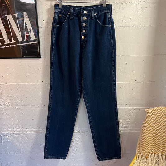 Vintage 80's/90's Wrangler Women's Exposed Button Fly High Waisted Jeans - Size (7) 27"x30.5" - Made In USA - Deep Indigo - 26WMSAB